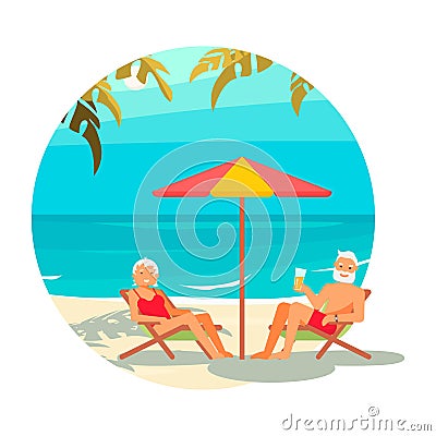 Round icon summer activity. Elderly people characters on a loungers Vector Illustration