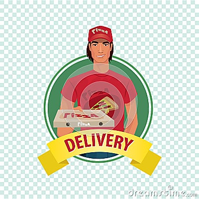 Round icon on white background with pizza courier Vector Illustration