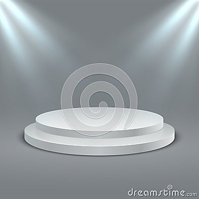 Round illuminated podium. Stage podium scene with lighting. Vector 3D two-stage platform on gray background Vector Illustration