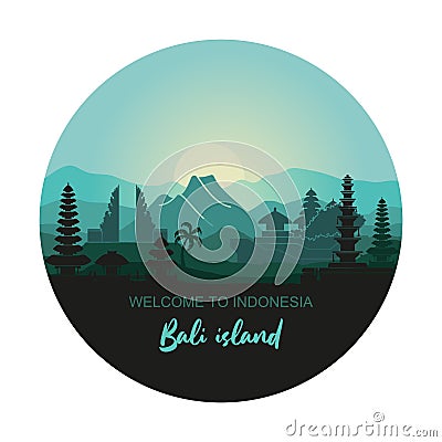 Round illustration with abstract landscape of the Indonesian island of Bali with the main attractions Vector Illustration