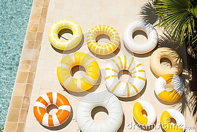 Round inflatables rubber swimming rings in pool. Generative AI Stock Photo