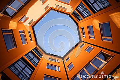Round inner courtyard against the blue sky. Hotel F6, Helsinki. Editorial Stock Photo