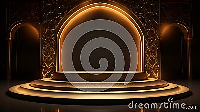 Round Islamic podium stage with gold pattern backdrop Stock Photo