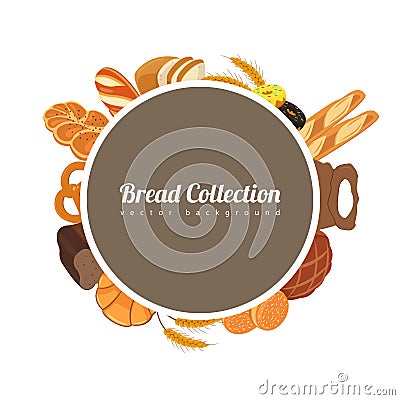 Round label with bread. Food background with bread icons. Bakery products. Vector Cartoon Illustration