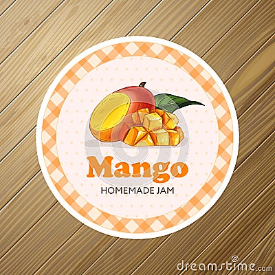 Round label or sticker design with mango illustration. Homemade mango jam. For natural or organic fruit products and health care Vector Illustration