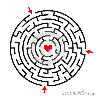 Round labyrinth maze game, find your path to heart Vector Illustration