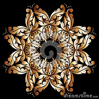 Round lace pattern in gold on a red background with swirls. Vintage design Vector Illustration