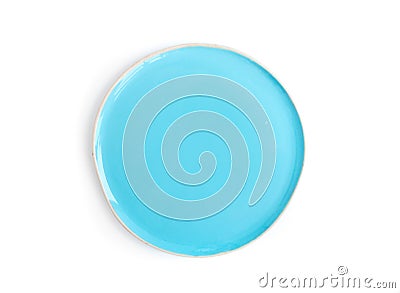 A round light blue glazed ceramic plate (dish) on a white backgr Stock Photo