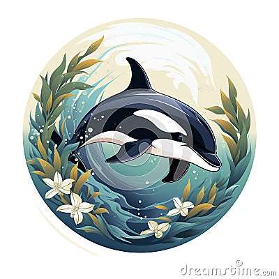 round logo emblem symbol with a dolphin on white background Stock Photo