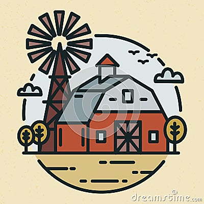 Round logotype with farmland landscape, country house or agricultural building and windmill in line art style. Creative Vector Illustration
