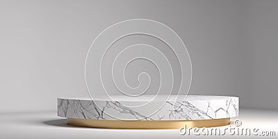 Round marble with gold presentation stand on white background, empty room with shadows Stock Photo