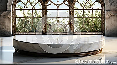 Round marble podium in the room with window view, mockup for presentation Stock Photo