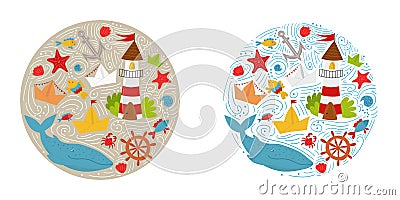Round marine composition for cards, banners, prints and other designs Vector Illustration