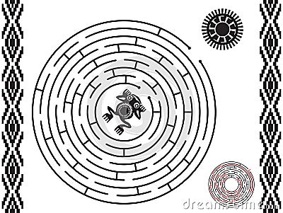 Round maze for kids and adults. Native American Indians symbols. Vector Illustration