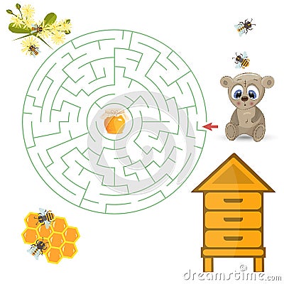 Round maze riddle game, find way your path. Bear help find path to honey. Vector Illustration