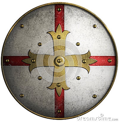 Round medieval shield with golden cross Stock Photo