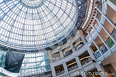 Round Metal ceiling modern architecture of takamatsu city with blue sky in the background Editorial Stock Photo