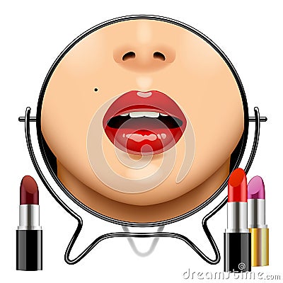 Round mirror with woman`s glossy lips reflection and set of lips Vector Illustration