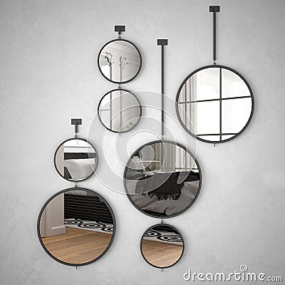 Round mirrors hanging on the wall reflecting interior design scene, classic luxury white and gray bedroom, modern architecture Stock Photo