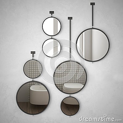 Round mirrors hanging on the wall reflecting interior design scene, minimalist white bathroom, modern architecture concept idea Stock Photo