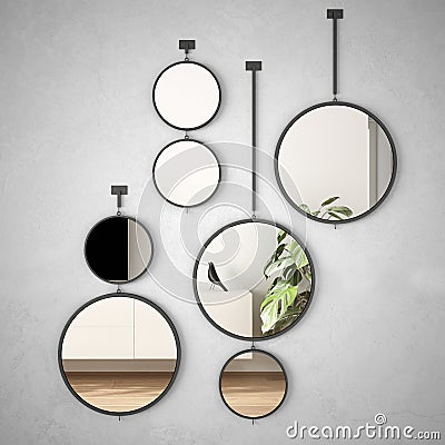 Round mirrors hanging on the wall reflecting interior design scene, minimalist white living, modern architecture concept idea Stock Photo