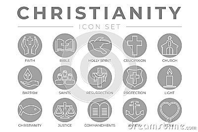 Round Outline Christianity Icon Set with Faith, Bible, Crucifixion , Baptism, Church, Resurrection, Holy Spirit, Saints, Vector Illustration