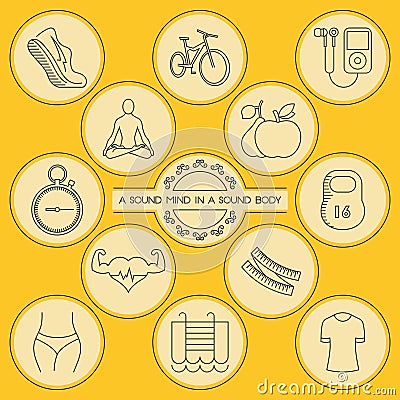 Round outlined health and fitness icons set Vector Illustration