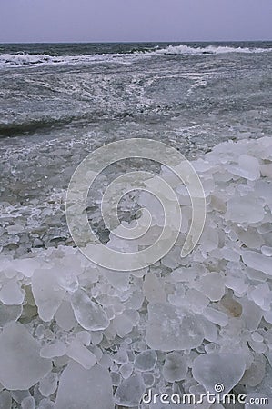 Round and pancaked ice near the shore of the frozen Black Sea, harsh winter of 2011 Stock Photo