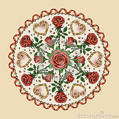 Round pattern with heart, roses, beads, spiral ribbon, streamer, halftone shapes Vector Illustration