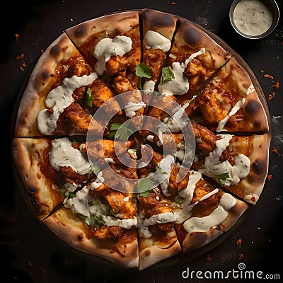 Round pizza with cheese, chicken, sauce, Spices on a wooden kitchen board. Around the decoration with vegetables and spices. Top Vector Illustration