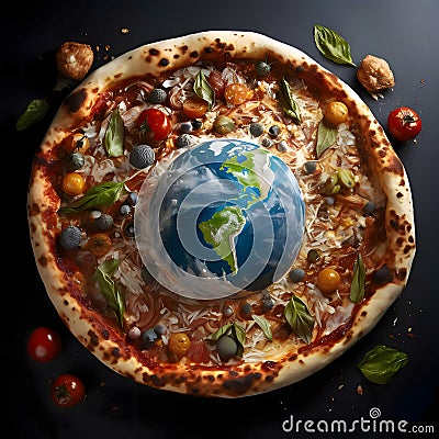 Round pizza with cheese, ham, tomatoes, basil,Around the decoration with vegetables and spices. Top view. Planet earth Vector Illustration