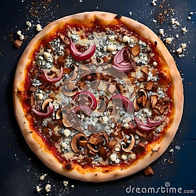 Round pizza with cheese, mushrooms, onions, spices.Around decorations with vegetables and spices. Top view Vector Illustration