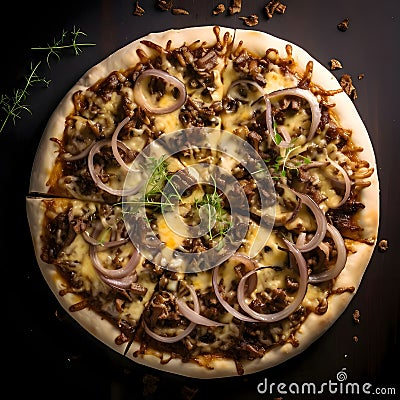 Round pizza with cheese, salami, mushrooms, onions, spices. Top view Vector Illustration