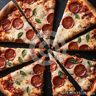 Round pizza cut into pieces with salami and herbs Stock Photo