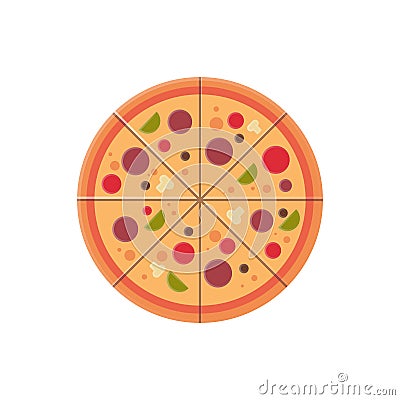 Round pizza slices icon fast food menu concept isolated over white background flat Vector Illustration