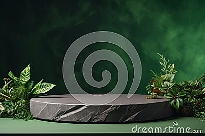 Round platform for product display in a scenic rock garden with flowers Stock Photo