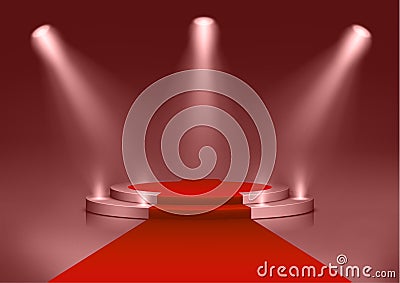 Round podium illuminated by searchlights. Vector Illustration