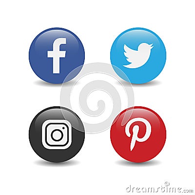 Round popular social media shiny logo. facebook twitter instagram pinterest Editorial Stock Photo