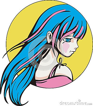 Round portrait of young cute anime girl Vector Illustration