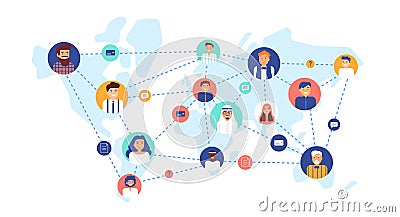 Round portraits of smiling people connected with each other on world map. International business team, global Vector Illustration