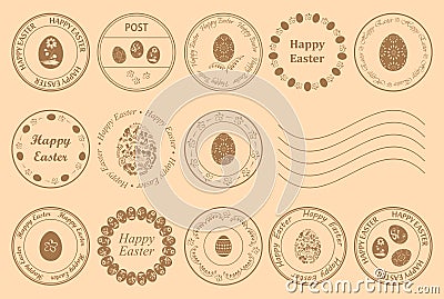 Round postage stamps with decorative eggs for easter holiday - vector design elements Vector Illustration