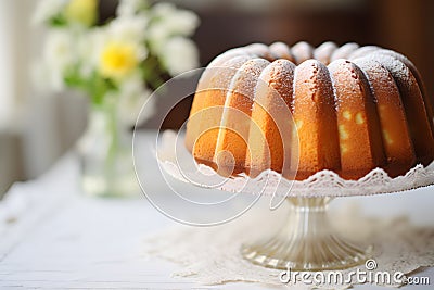 Bundt cake with powdered sugar on cake stand Stock Photo