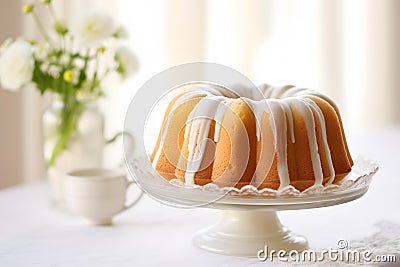 Round pound cake baked in bundt cake mold on table Stock Photo