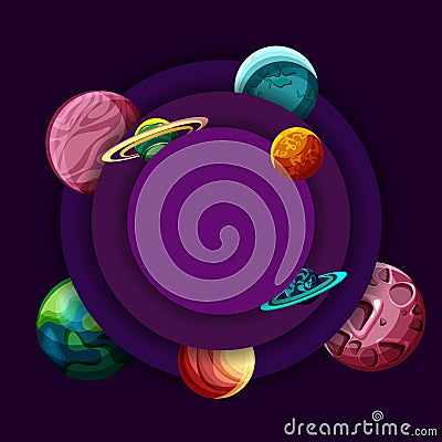 Round purple background with planets. Vector Illustration