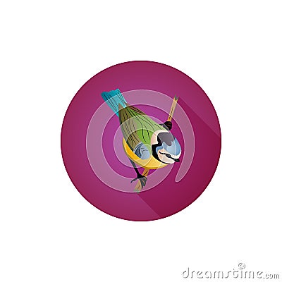 Round purple icon for website, bird on branch, tit, flat style, Vector Illustration