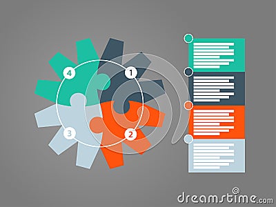 Round puzzle gear presentation infographic diagram template with numbered explanatory text field. Vector graphic templete. Vector Illustration