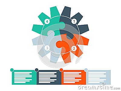 Round puzzle gear presentation infographic diagram template with numbered explanatory text field. Vector graphic templete. Vector Illustration