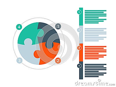 Round puzzle gear presentation infographic diagram template with numbered explanatory text field. Vector graphic templete. Vector Illustration