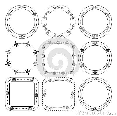 Round and quadrate frames with fish and seashells and starfish - vector set Vector Illustration