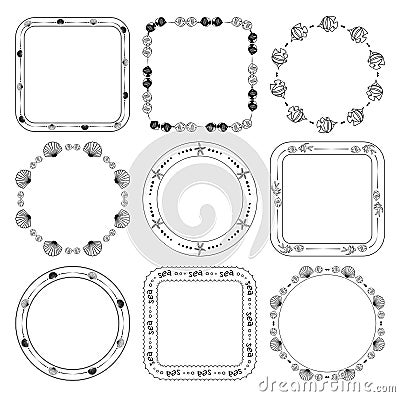 Round and quadrate frames with fish and seashells - vector marine set Vector Illustration